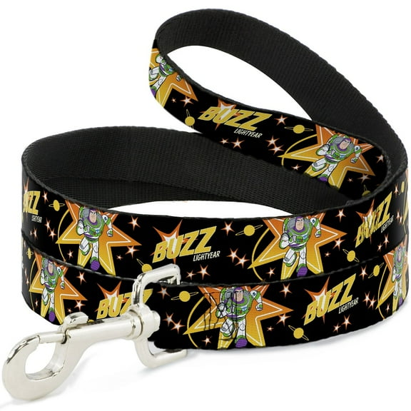 Disney Pet Leash, Dog Leash, Toy Story Buzz Lightyear Running Stars Black Orange Yellow, 4 Feet Long 0.5 Inch Wide
