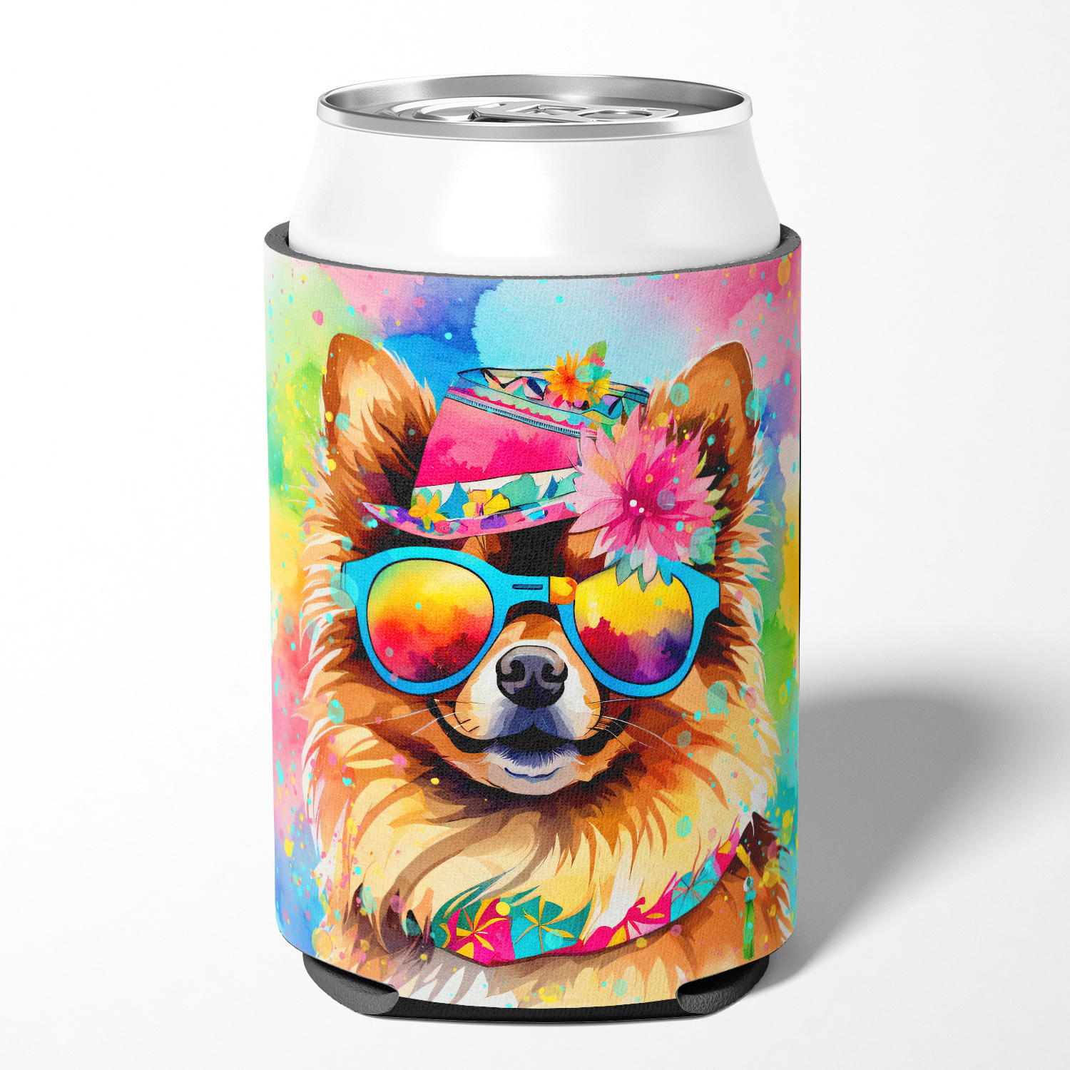 Pomeranian Hippie Dawg Can or Bottle Hugger 3 in x 5 in