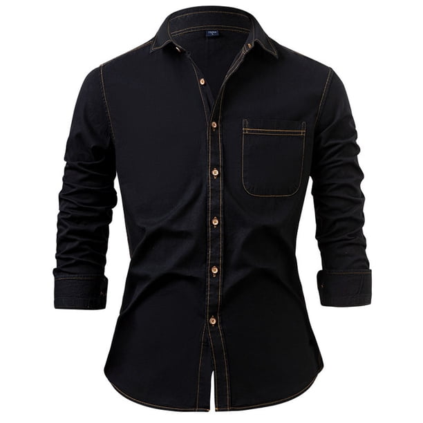 Blusa y camisa de manga larga con cuello vuelto para hombre, blusa holgada de poliéster con botones sólidos y cuello vuelto para hombre.