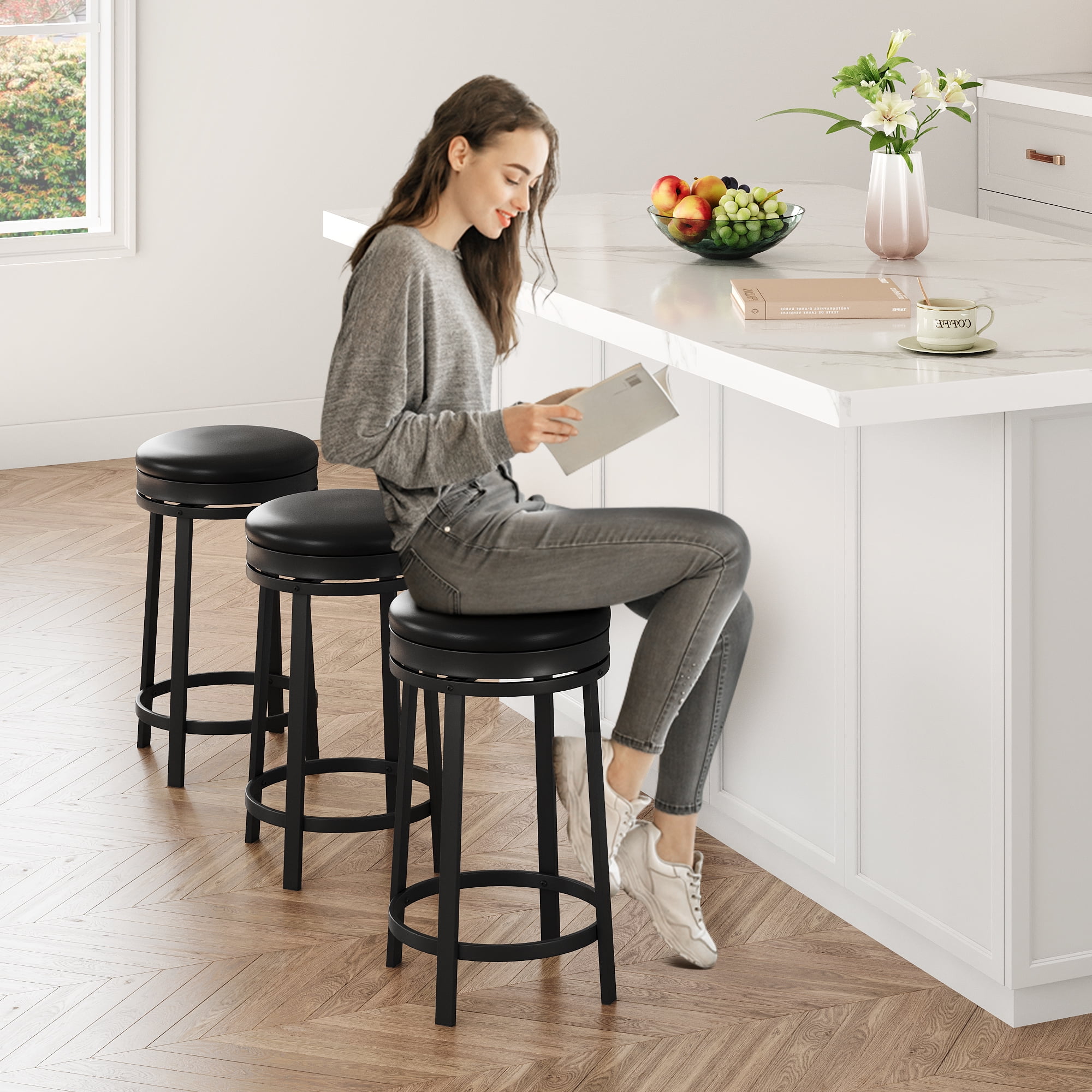 Bar Stools Set of 2, 24" Modern Swivel Barstools with Footrest, Modern Counter Height Barstools with PU Leather Upholstered and Metal Frame, for Kitchen Island, Dining Room, Home Bar