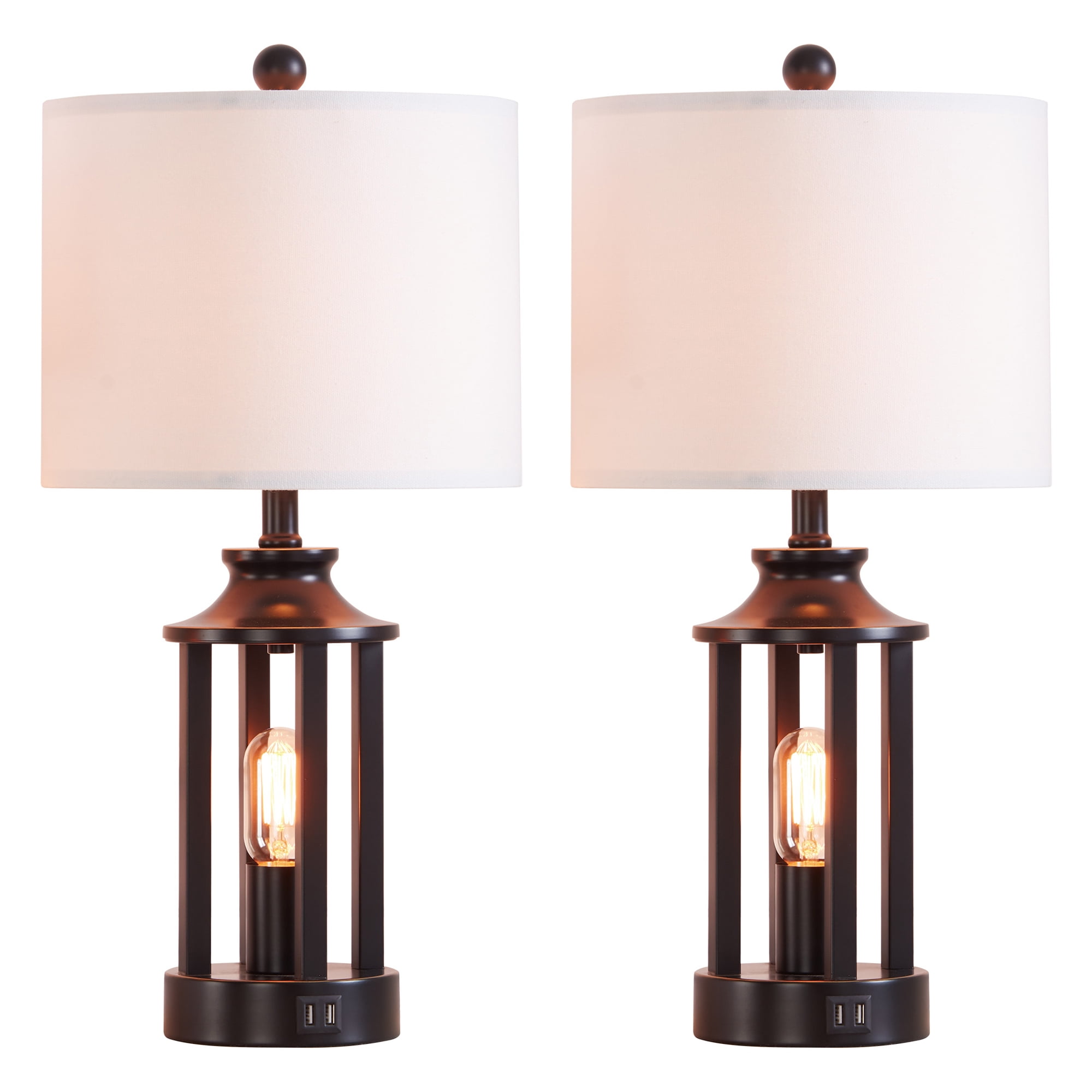 Cinkeda Modern Table Lamp Set of 2 with USB Ports 3 Way Dimmable Nightlight Industrial Black Bedside Lamps for Bedroom Living Room
