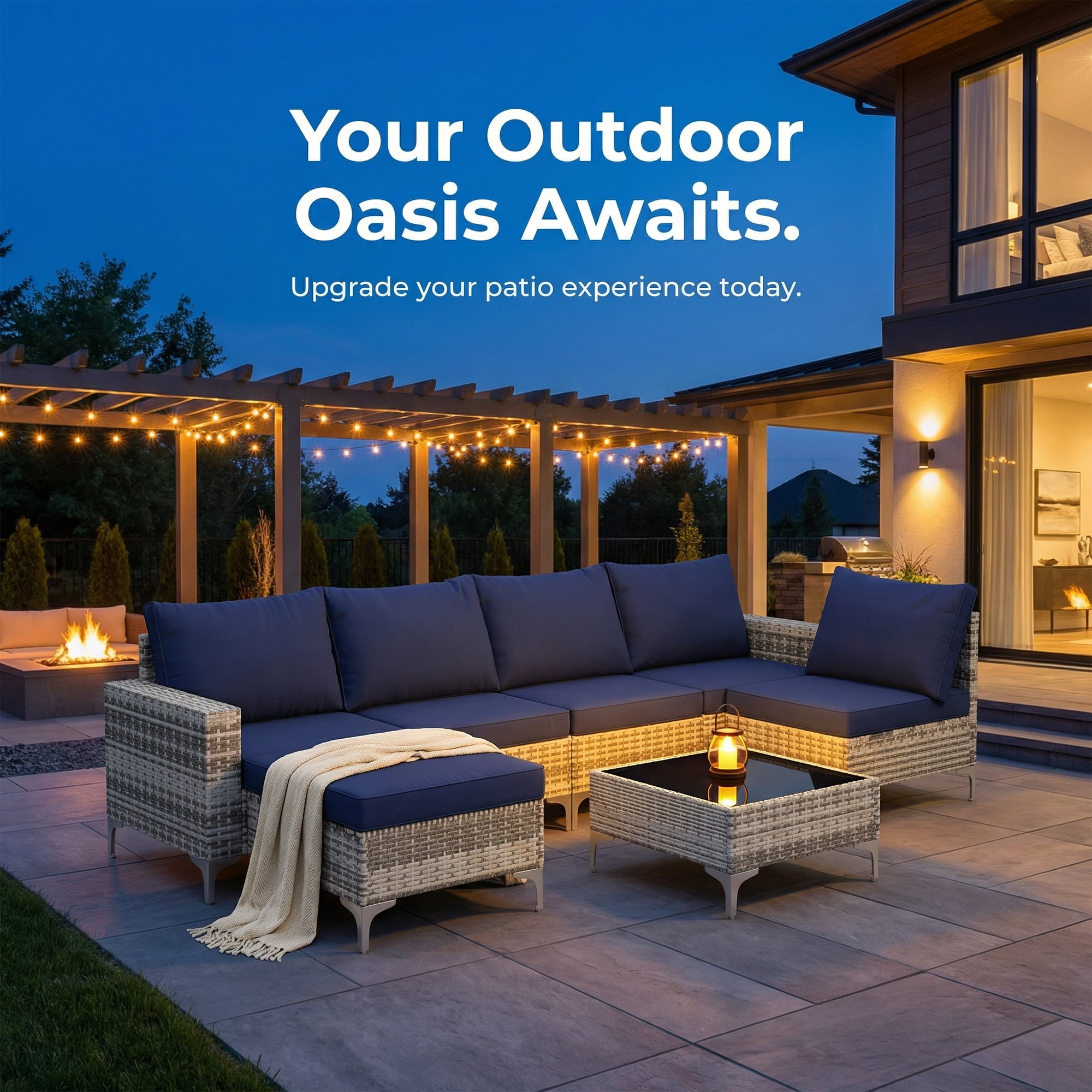 LAZZO 7-Piece Outdoor Conversation Set, Wicker Patio Furniture Set with Cushions and Coffee Table, Blue