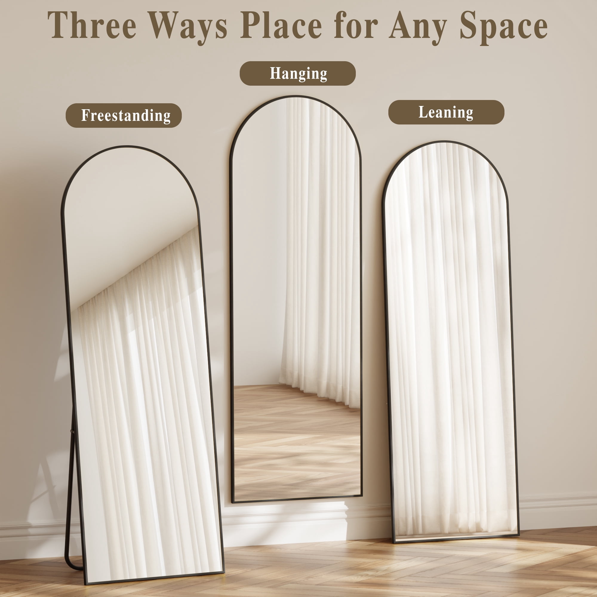 Anyrose 59.2"x16" Arched Full Length Mirror Free standing Floor Mirror Wall Mounted, Black