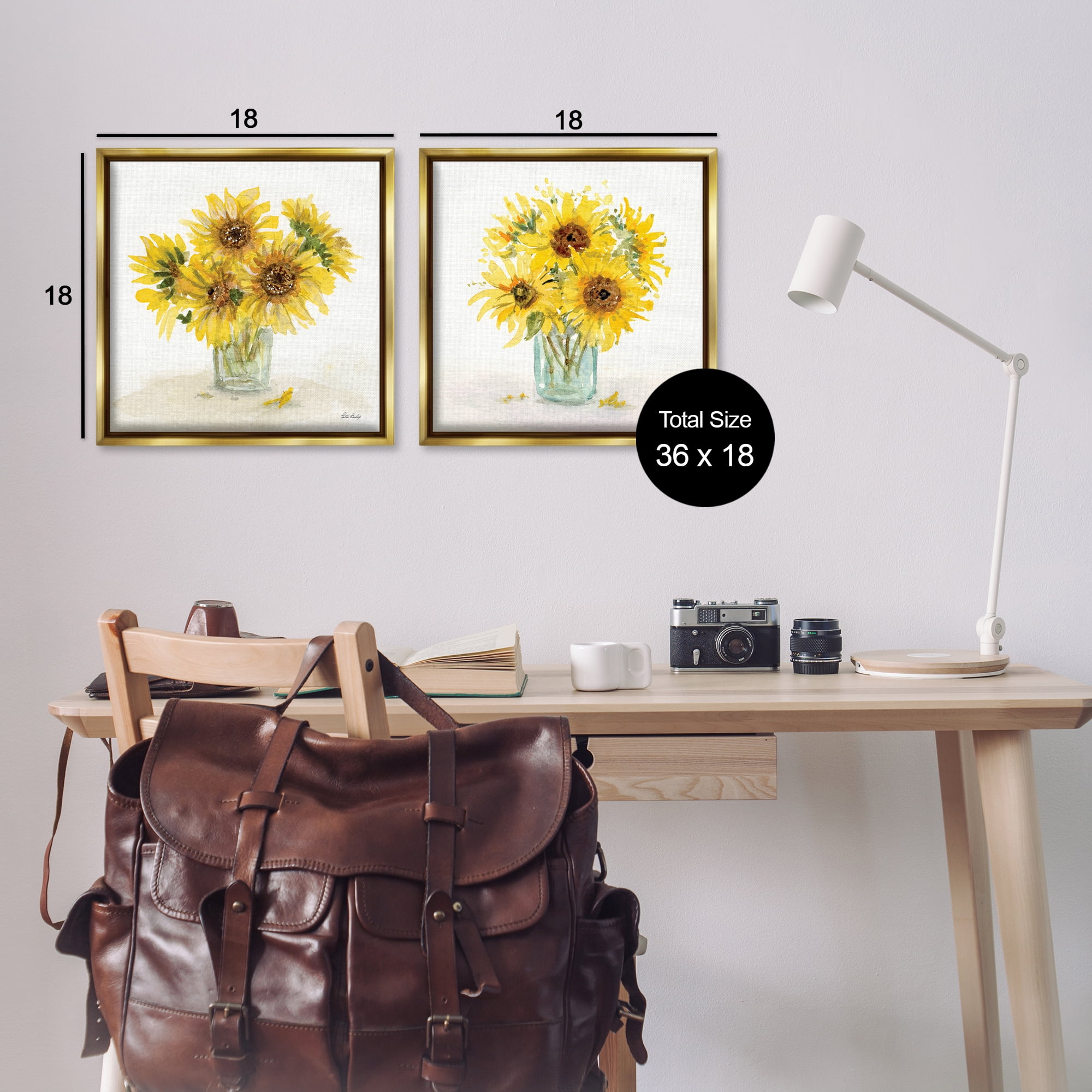 Stupell Industries Sunflower Bouquet Jar Plants & Flowers Painting Gold Floater Framed Canvas Art Print Wall Art, 18 x 18, Set of 2