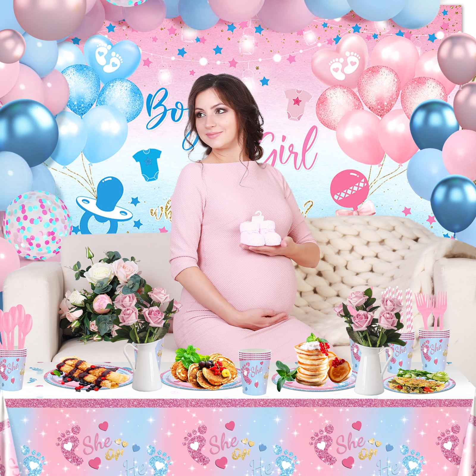 Mocsicka Gender Reveal Decorations Kit 251 PCS Boy or Girl Banner Disposable Plates Napkins Balloons Tablecloth Pink Blue Gender Reveal Party Supplies Set