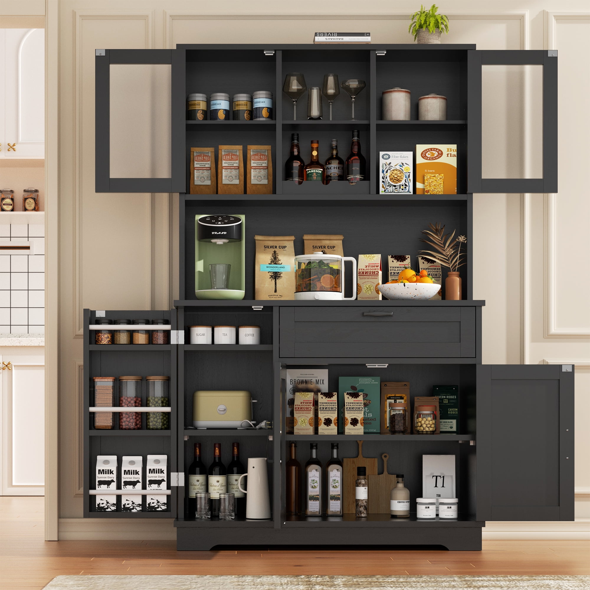 Walsunny Pantry Cabinet with Microwave Shelf Doors Drawer for