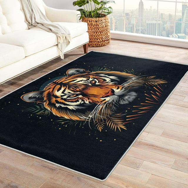 Tiger Rugs for Bedroom - Tiger Rug & Home Decor, Tiger Head Wild Animal Rugs for Living Room Bedroom, Washable Rugs, 4x5 Rug, Non Slip Soft Low Pile Large Indoor Area Rug, Boys Wildlife Carpet