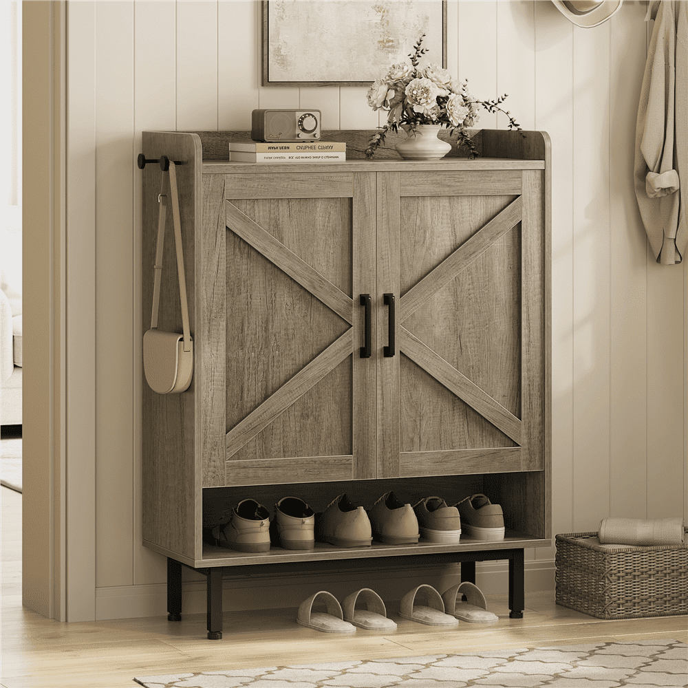 Alden Design 5-Tier Country Style Shoe Cabinet with Barn Inspired Doors, Gray