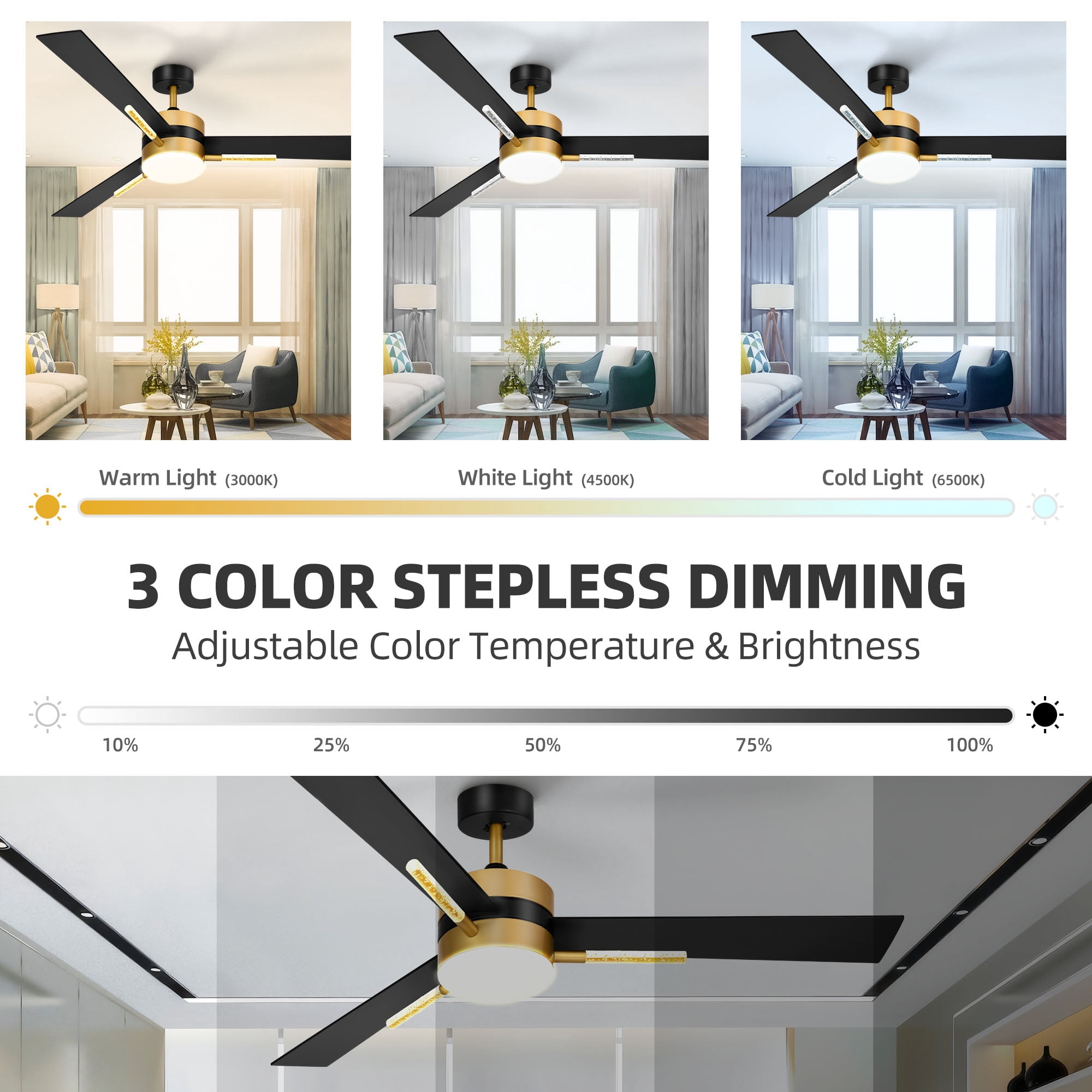 Dextrus 60in Black Ceiling Fan with Light and Remote Control, 3 Blades Modern Chandelier Ceiling Fan