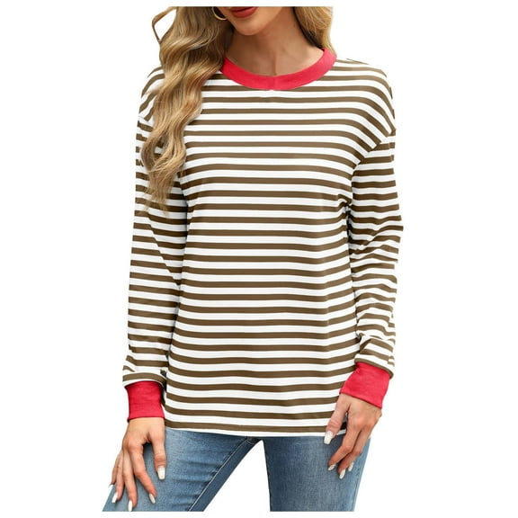 eileial T Shirts for Women Long Sleeve Round Neck Basic T-Shirt Striped Shirts Tunic Womens Tops Shirts for Women,Brown M