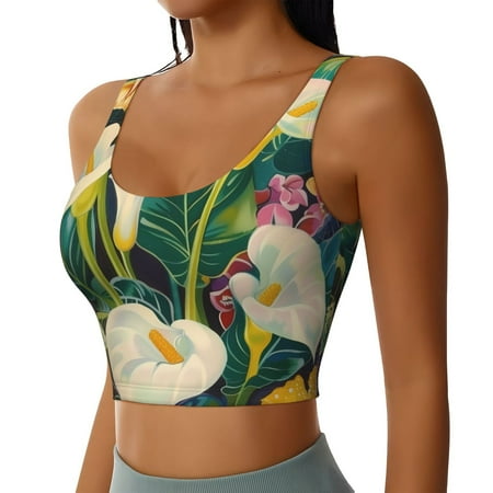 Haiem Tropical Floral Jungle Pattern Womens Sports Bra - U Neck Padded Low Impact Yoga Bra Workout Crop Top Gym Moisture-Wicking Workout Vest -Small