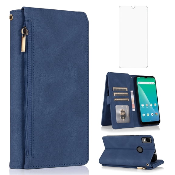 Asuwish Wallet Kickstand Hard Shell Cell Phone Case with Tempered Glass Screen Protector for Cricket Icon 5 / AT&T Motivate 4, Blue