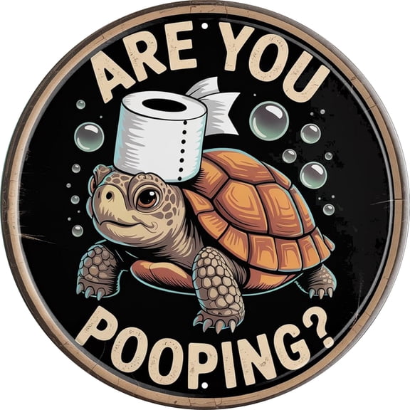 Sea Turtle Pooping Metal Sign, 8 x 8 Inch Round Coastal Bathroom Wall Decor, Beach Humor Gift Plaque