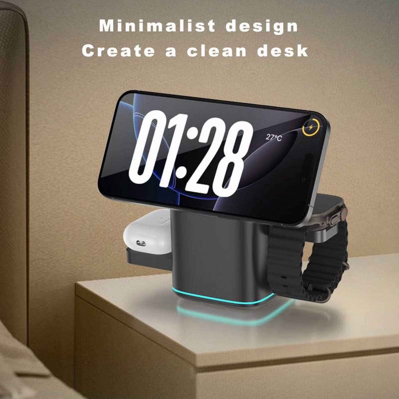 Subsistenceed 3-in-1 Wireless Charging Station  Magnetic Foldable Charger with Auto-Rotation, 15W Fast Charging Dock for Smartwatch, Phone & Earbuds