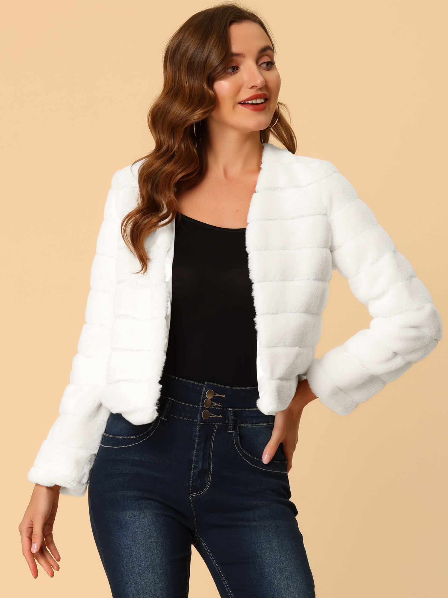 DARING DIVA Women's Long Sleeve Collarless Shaggy Soft Faux Fur Coat S White