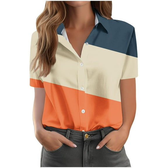 JGGSPWM Women's Elegant Office Wear Button Down Dress Shirts Long Sleeve Lapel Collared Stretch Blouses Tops Orange 4XL