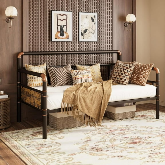 Twin Size Metal Daybed Frame with Wood Grain Headboard, Heavy Duty Platform Bed for Living Room, Bedroom, Guest Room, No Box Spring Needed, Vintage Industrial Style, Brown