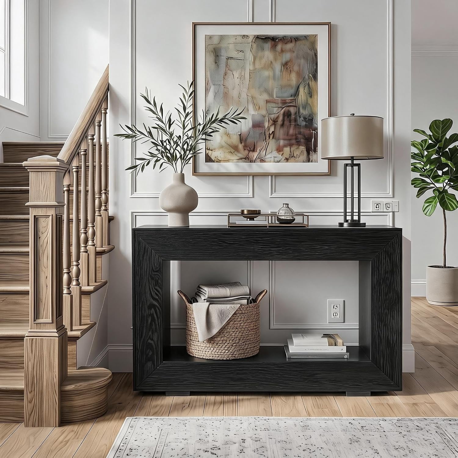 47" 2-Tier Farmhouse Console Table with Charging Station, Entryway Sofa Table with Outlets and USB Ports for Living Room, Behind Couch Narrow Hallway Table, Black