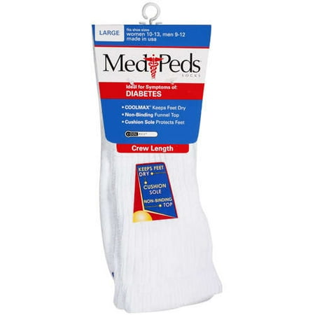 Medi Peds: Ideal For Symptoms of : Diabetes Fits Shoe Sizes: Women 10-13, Men 9-12 Large Crew Length Socks, 1 pr