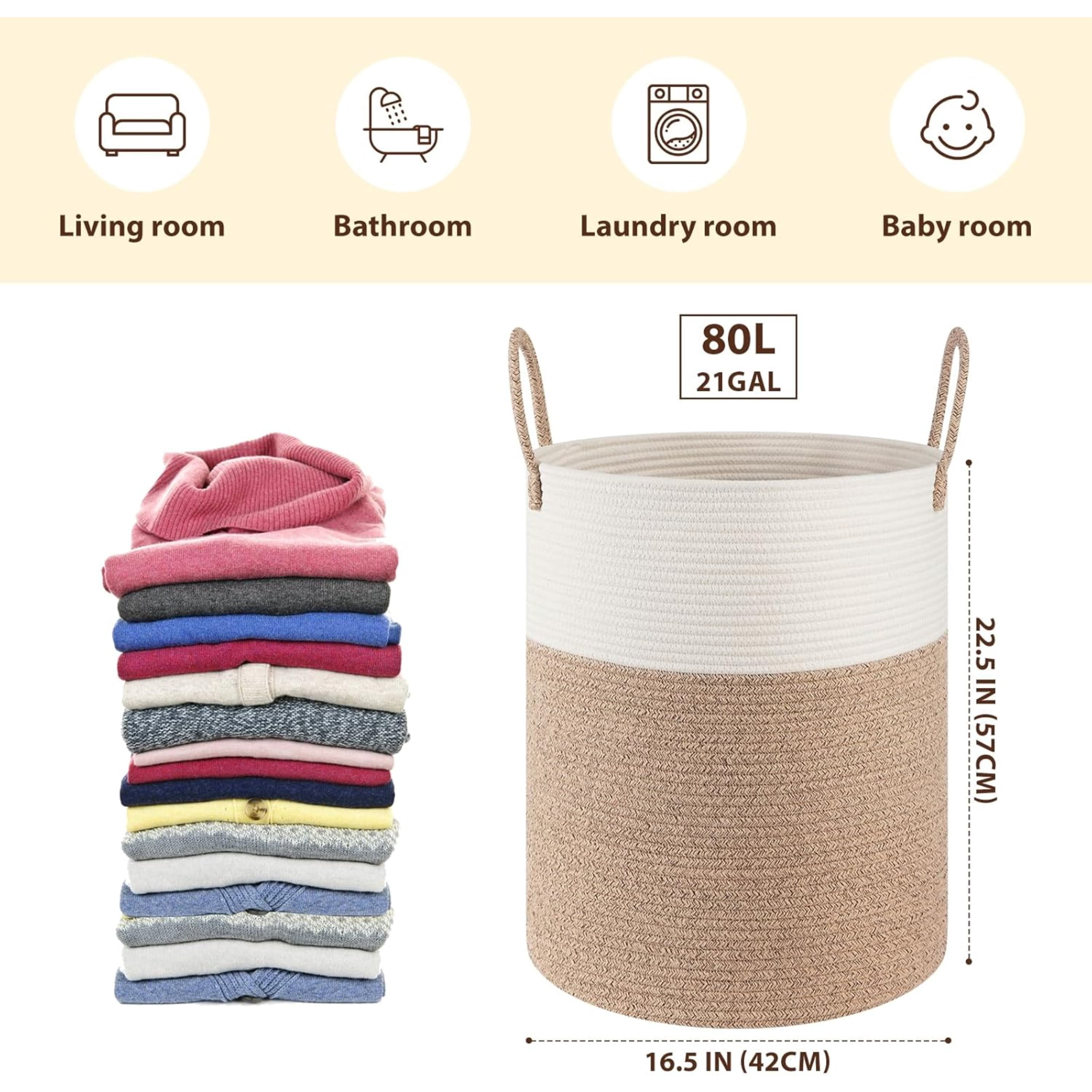 Laundry Basket, Woven Cotton Rope Laundry Hamper for Decor Storage of Dirty ClothesToys and Blankets in Bathroom, Baby Room and Living Room