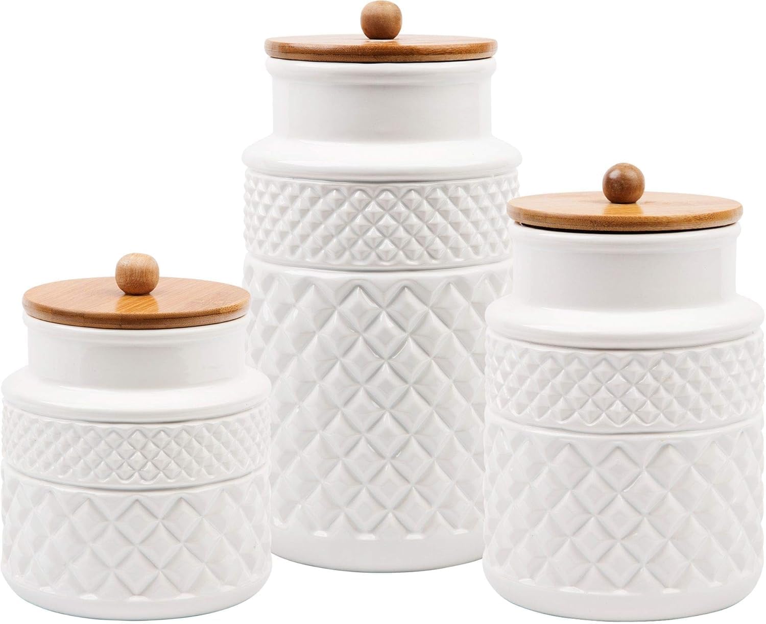 Set of 3 White Canisters with Wooden Lid 3 Round Ceramic Jars Bamboo Covers with Rubber Sealed Gasket For Food Storage, Kitchen Decor