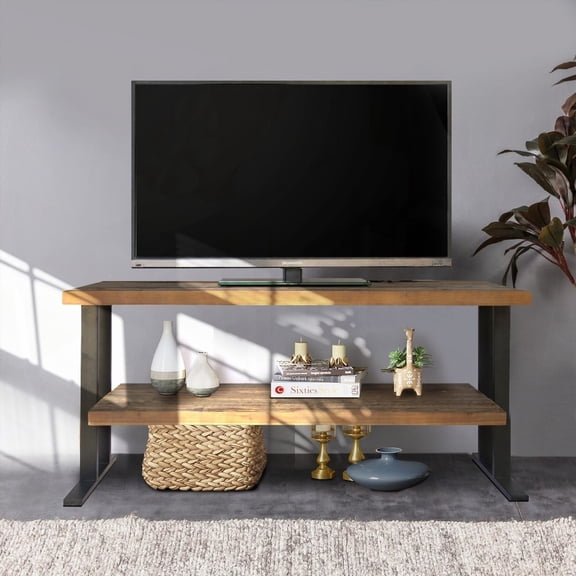 Media Console Table with Open Shelves for Home Decor, Natural Reclaimed Wood & Black Finish