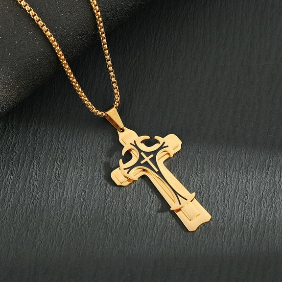 Jesus Cross Pendant Necklace For Men Women 14K Yellow Gold Religious Jewelry