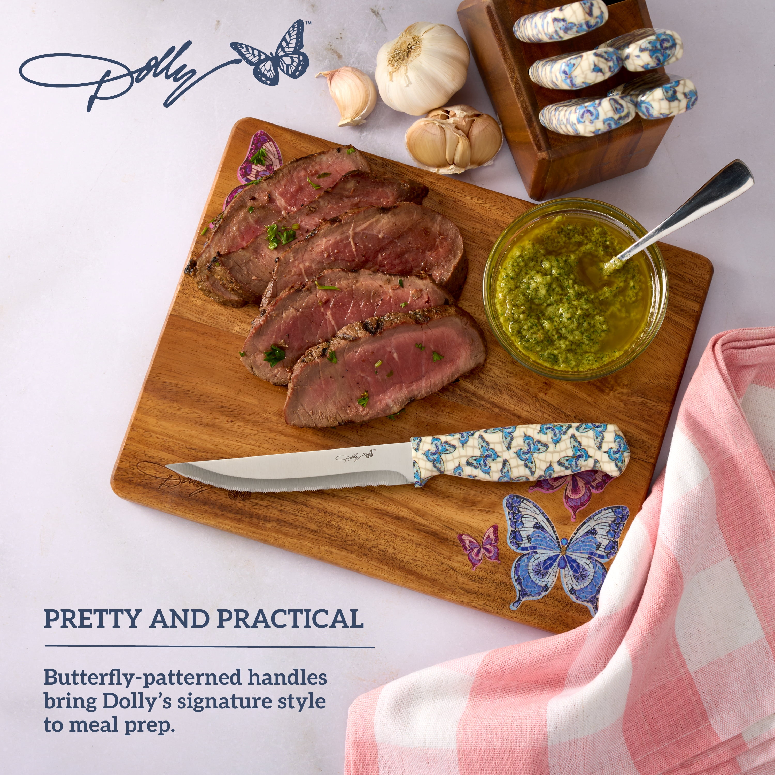 Dolly Parton 7-Piece Steak Knife Set with Blue Handles and Acacia Block for Storage