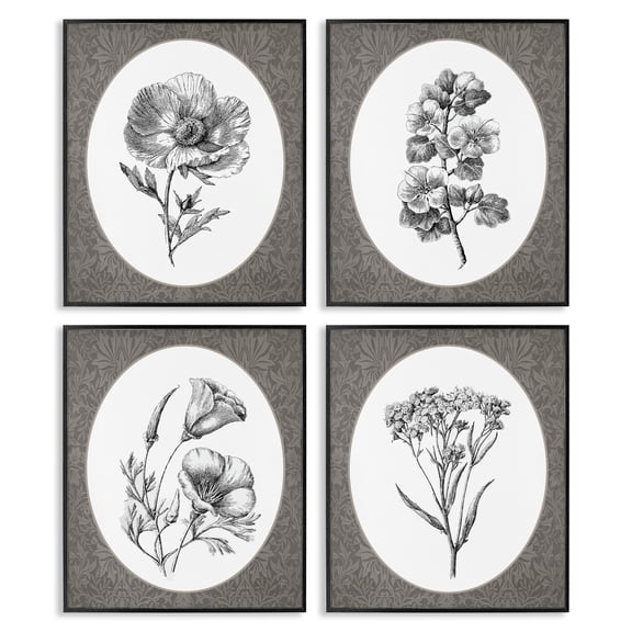 Ornate Blooms over Damask 4 Piece Black Framed Giclee Art Set, design by Lettered and Lined