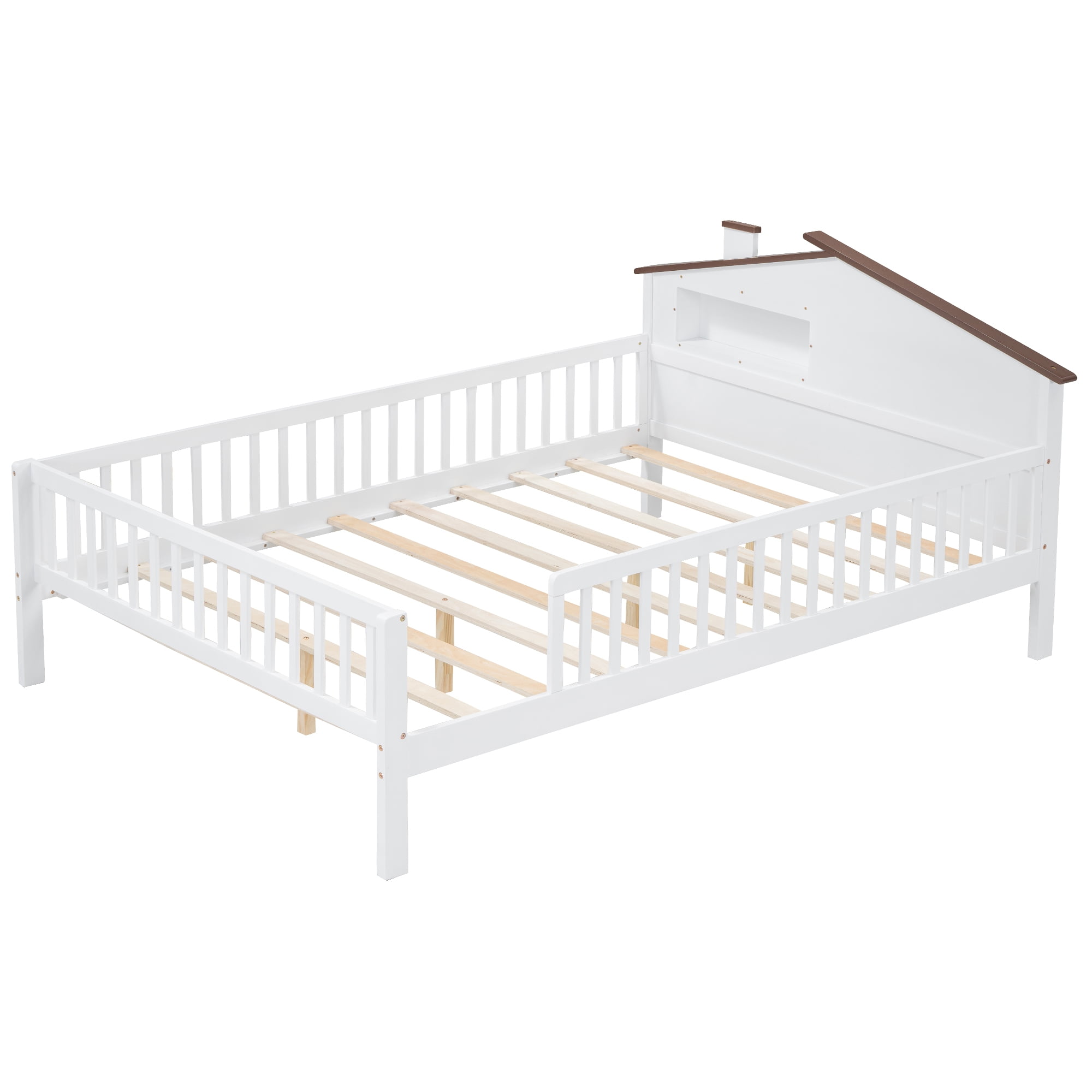 EUROCO Wood Full Size Platform Bed Frame with House Like Roof and LED Light, White