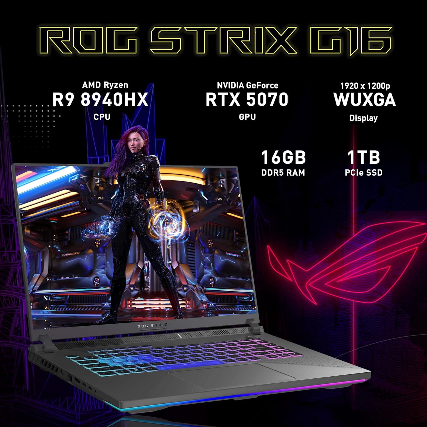 ASUS ROG Strix G16 16" WUXGA 165Hz Gaming Laptop, GeForce RTX 5070 8GB GDDR7, AMD Ryzen 9 8940HX, 16GB DDR5, 2TB Storage (1TB SSD+1TB Docking Station Set), 4-Zone RGB Backlit Keyboard, Win 11, Gray
