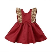 Angle View: Little Girls Sequins Dresses Ruffled Bow Christmas Dress Princess Party Outfits