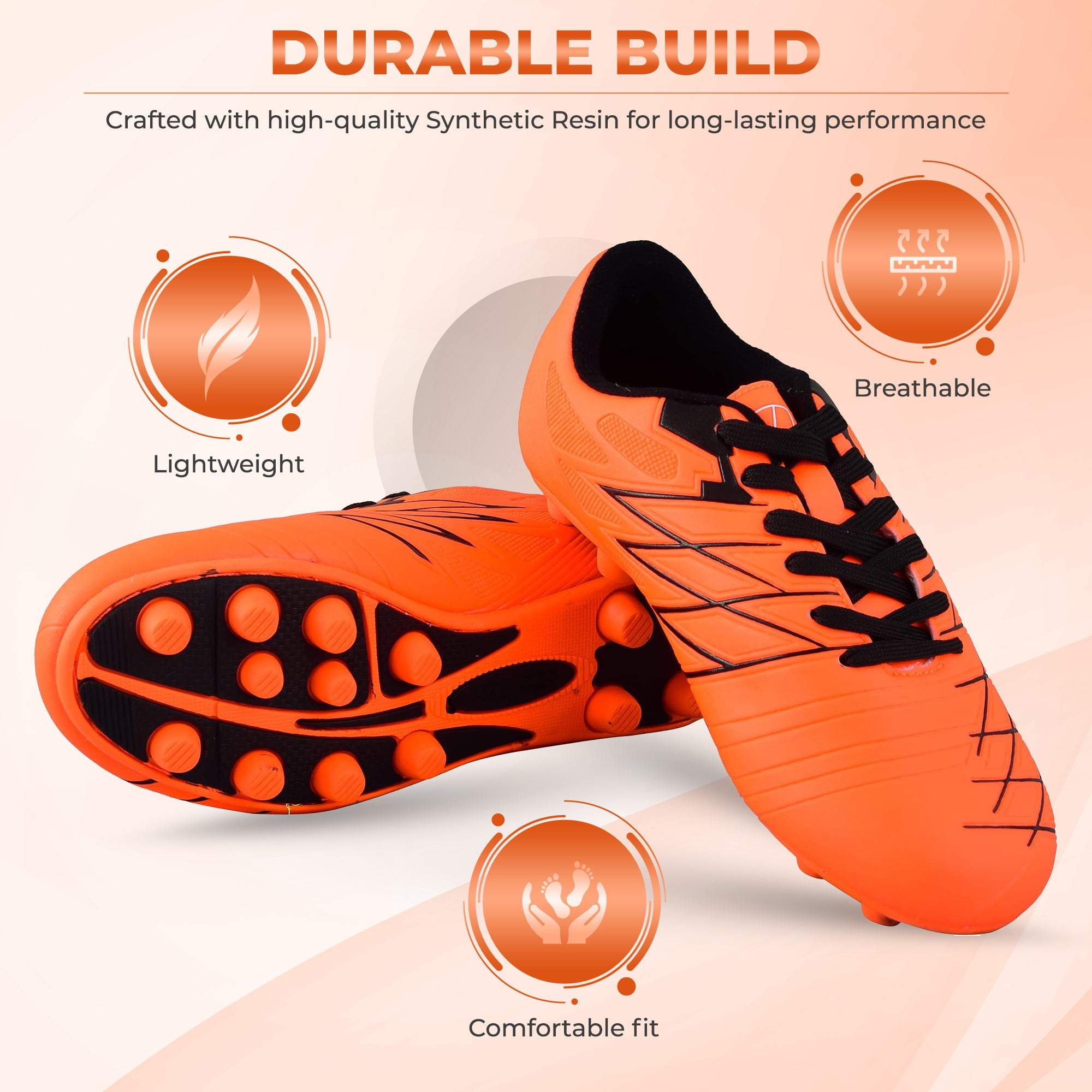 Vizari Boca Firm Ground Soccer Cleats for Kids & Youth – Lightweight, Durable, Comfortable Shoes with Traction & Padded Heel - Orange/Black, 13