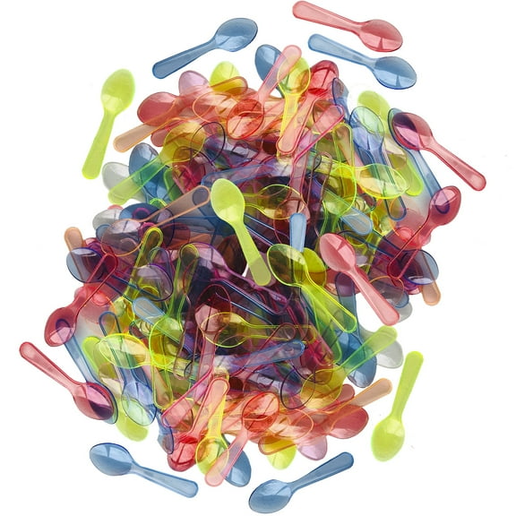 150  Mini Taster Spoons - Clear Plastic Pink Blue Yellow Orange