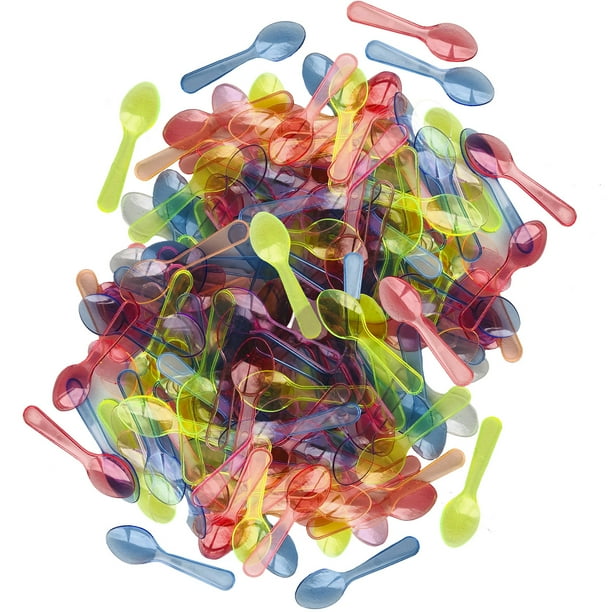 300 Mini Taster Spoons Clear Plastic Blue Pink Yellow