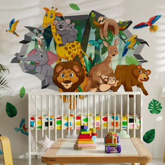 3D Jungles Animal Wall Decals Forest Animal Elephant Lion Monkey Wall Stickers Kids Room Nursery Room Wall Decor