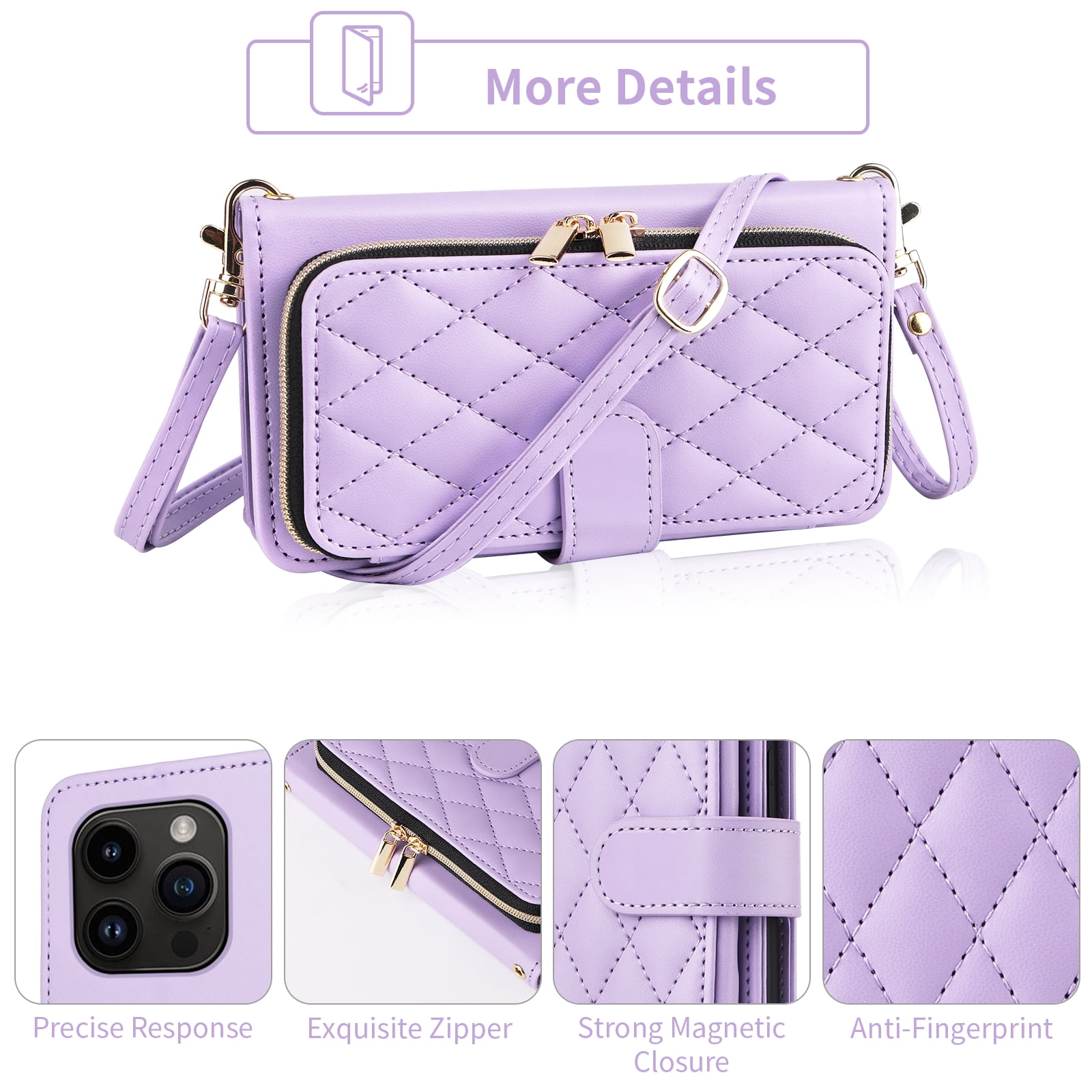 Furiet Argyle Wallet Case for iPhone 12 Pro Max 6.7 with Wrist Strap Shoulder Strap, Card Slot Zipper Purse Stand Cell Phone Cover for iPhone12promax 5G i 12s Plus iPhone12 12pro Promax Purple