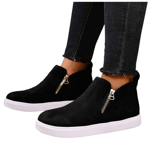 Dakaela Women's High Top Fashion Sneakers Side Zipper Platform Ankle Booties Suede Slip on Outdoor Walking Flats Casual Shoes Black 9
