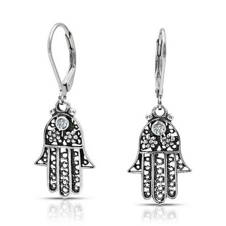 Sterling Floral Earrings - Hamsa Hand Floral Leverback Sterling Silver Dangle Earrings