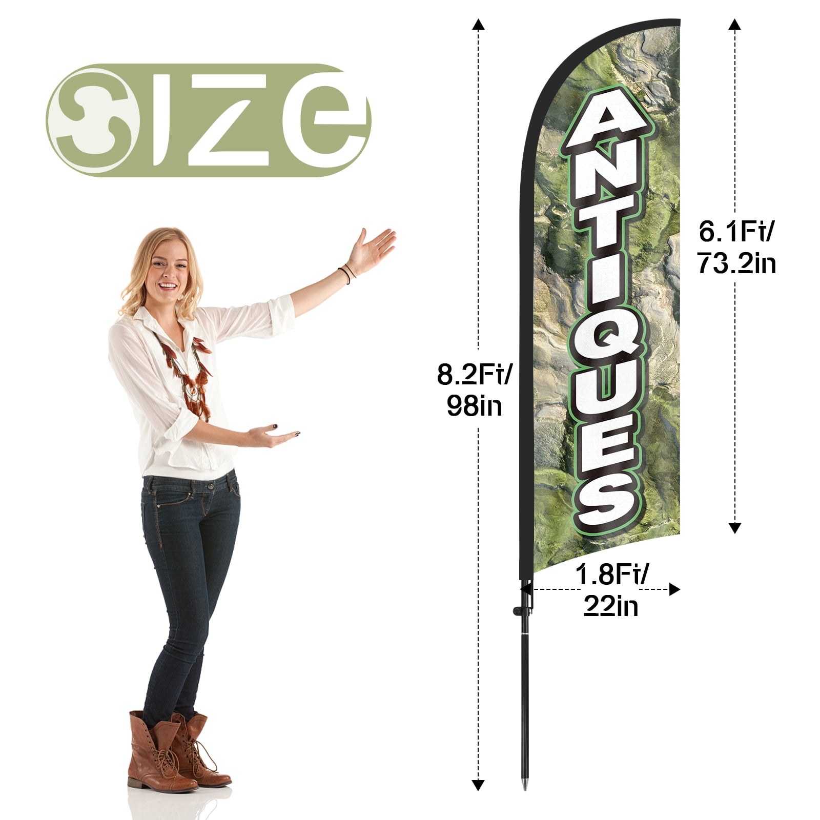 QSUM Antique Store Feather Flag with Flag Pole Kit and Ground Spike, 8.2FT Antique Store Windless Flag Banner Sign Business for Outdoor Advertising Sign Decoration Display