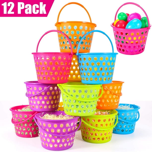 TOYIFY 12 Pack Easter Eggs Baskets for Kids,9.4" Plastic Easter Bags Filled with GrassPerfect