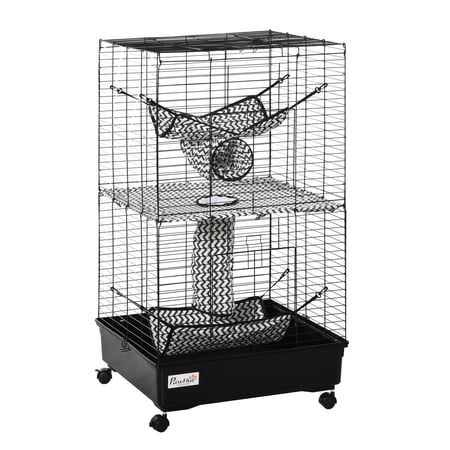 Ferret Cage 42" Metal Habitat, Small Animal Cage with Wheels, Hammocks & Tunnels - Black