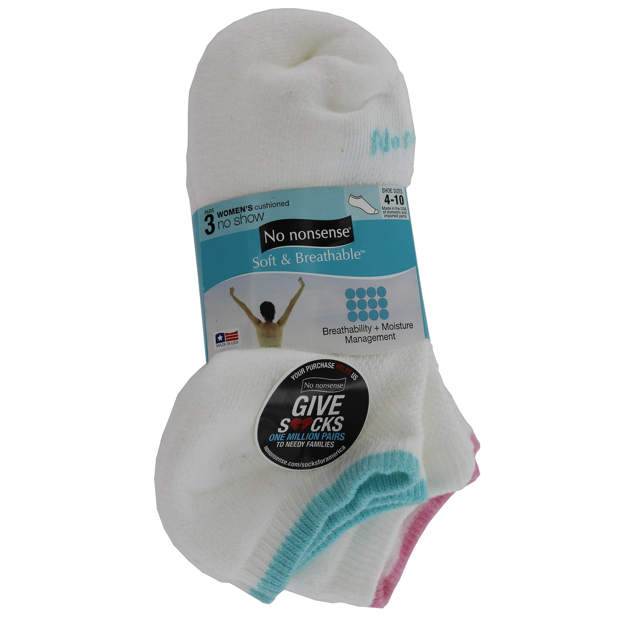 No Nonsense 2L15RD Womens White Cushioned No Show Socks 3count