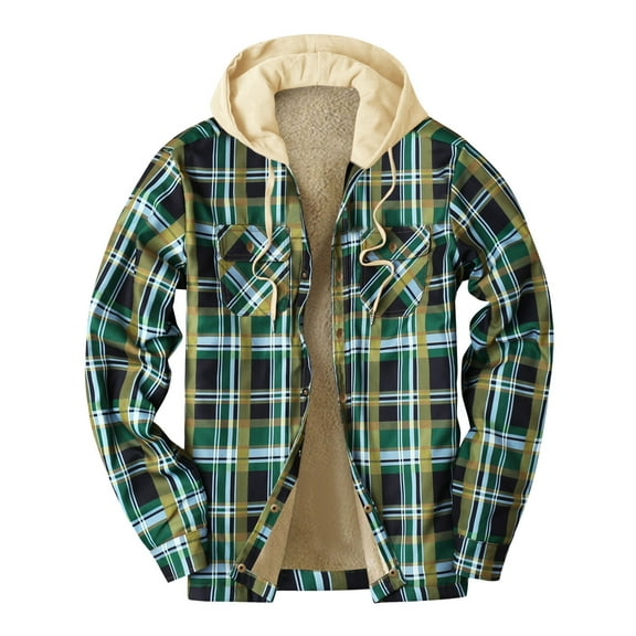 XMMSWDLA 2022 Clearance Men Tops Thick Quilted Plaid Printed Jacket Hooded Warm Cotton-padded Jacket