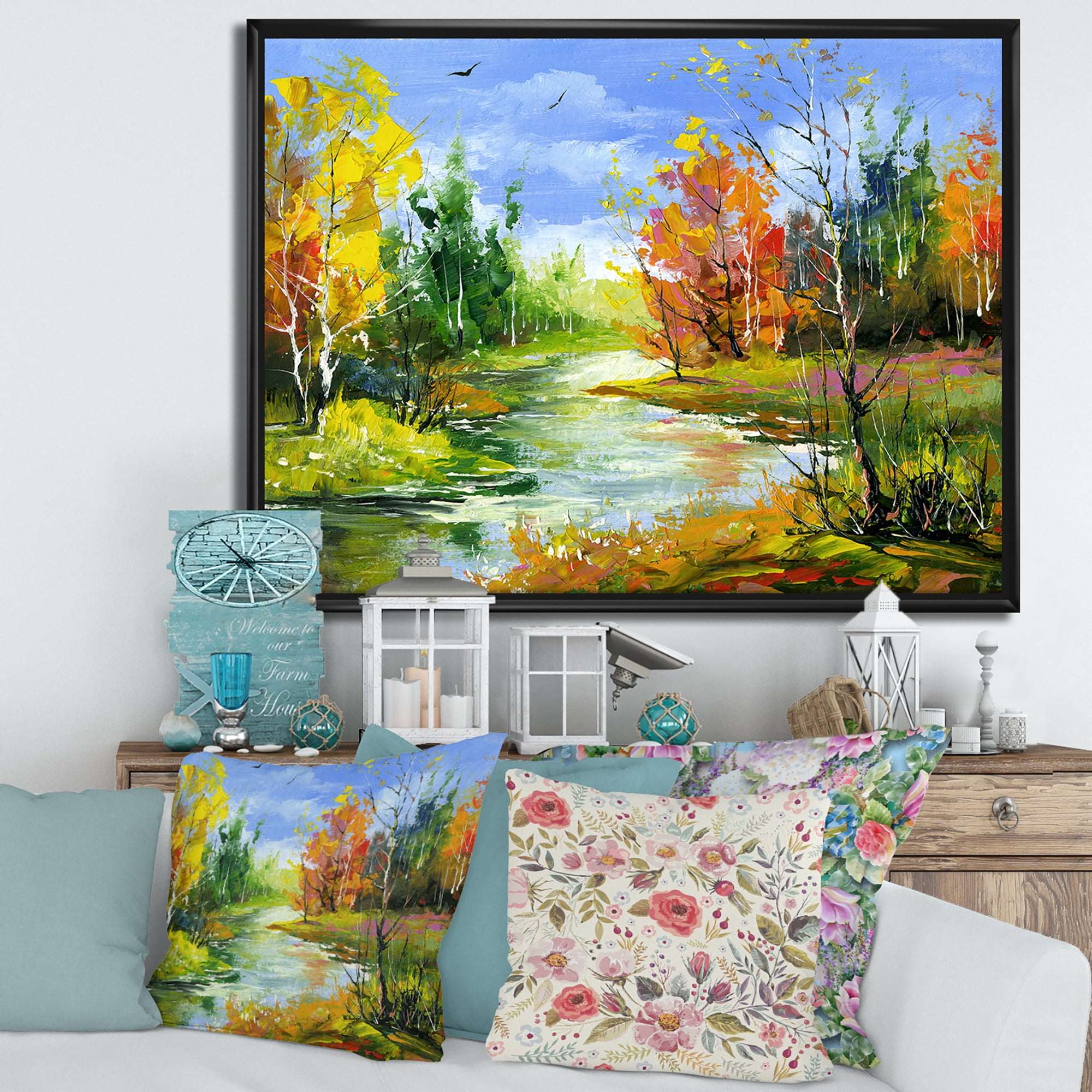 Autumn Landscape With Forest and River 32 in x 16 in Framed Painting Canvas Art Print, by Designart