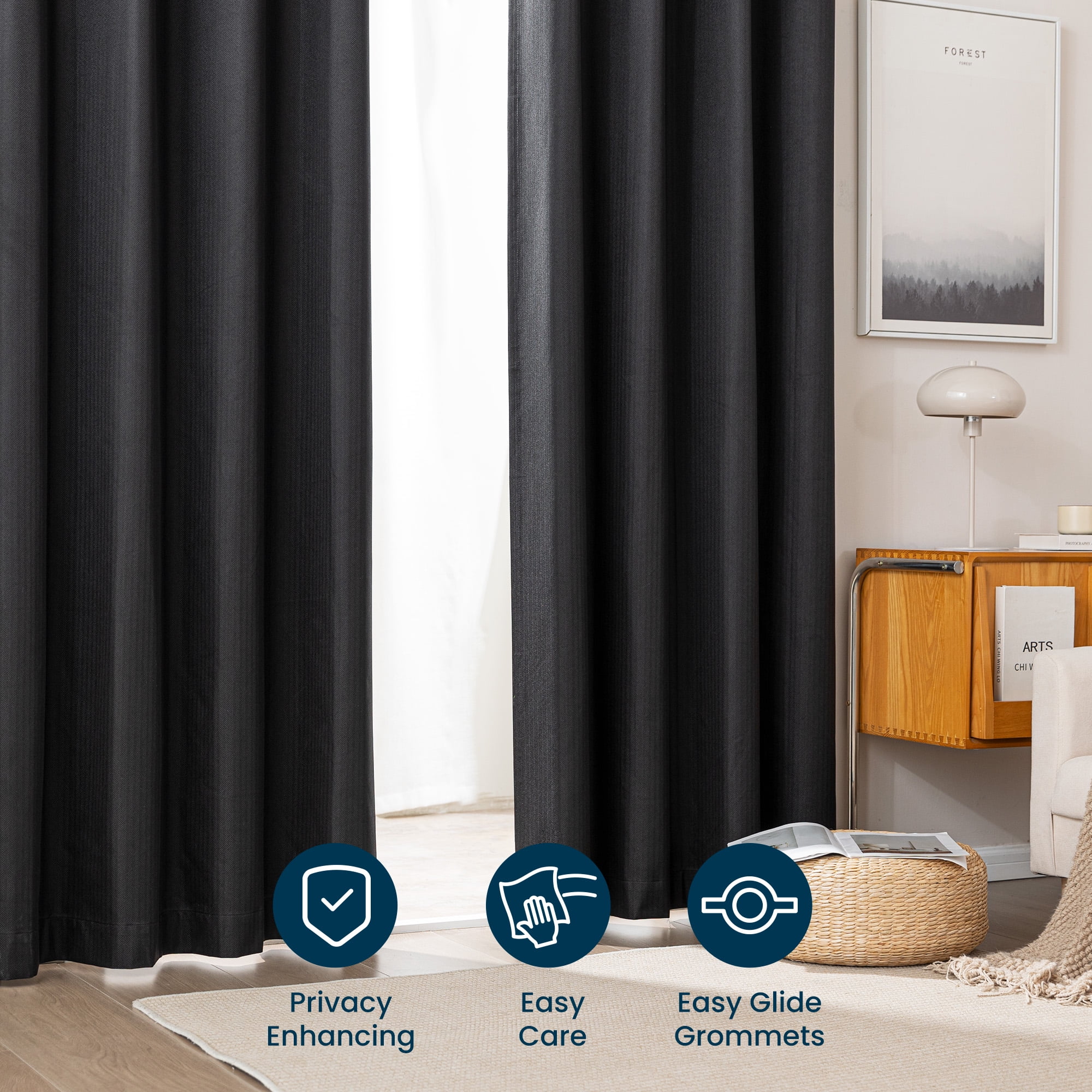 Sleep Zone Solid Herringbone Blackout Curtains Pack of 2, Drapes for Living Room, 52" x 84" Black