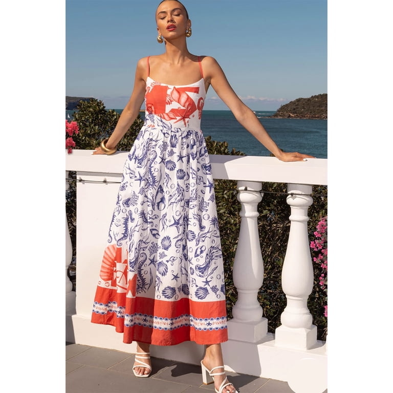 spaghetti strap midi dress casual Women Spaghetti Strap Midi Dress Drawstring Waist Split Hem Casual Printed Dress, Black, L