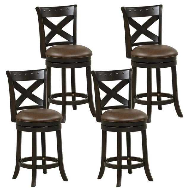 Costway 26" Swivel Bar Stool Set of 4 Counter Height PU Leather Seat Rubber Wood Legs