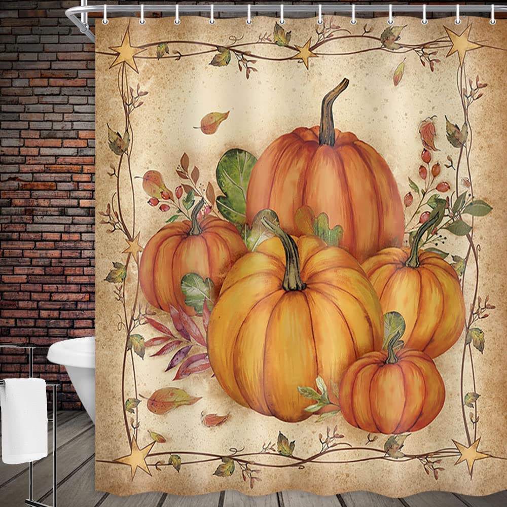Fall Shower Curtains for Bathroom, Autumn Pumpkin Harvest Farmhouse Thanksgiving Halloween Fabric Shower Curtain with Hooks Set 70x70 Inch