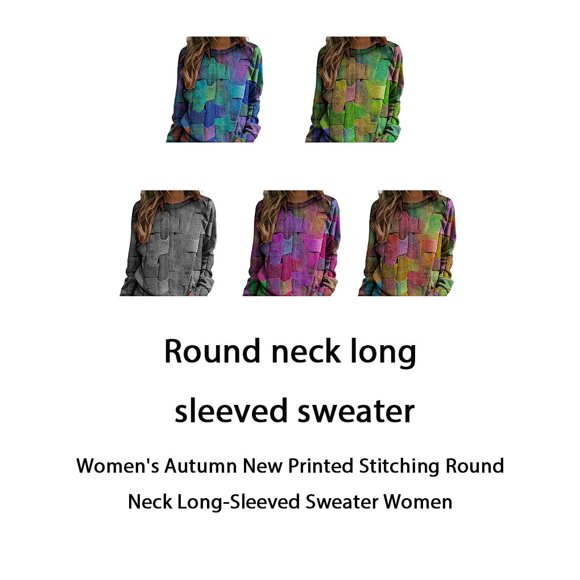 Woman Sweater Round Neck Long Female Ladies Sweatshirt Thermal Sleeve Fashion Loose Printing Tops Autumn Winter Warm Thermal Pullover for Female Ladies Type 3